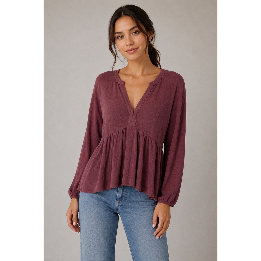 Lucky Brand Women XS Maroon‎ Oversized Top Long Sleeve Boho Grunge